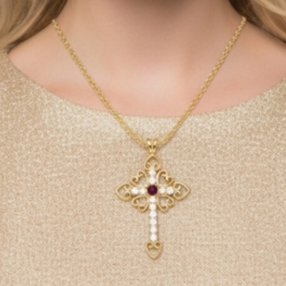Vintage Lindenwold Gold Tone Crystal Cross Pendant Necklace NWT